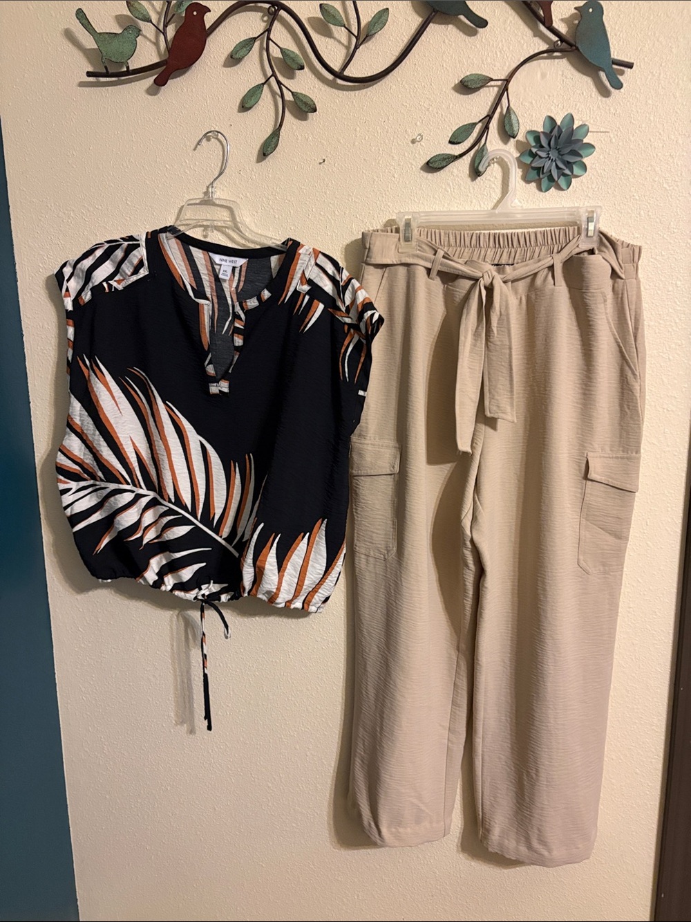 Nine West Beige Tie-Waist Wide Leg Cargo Pants